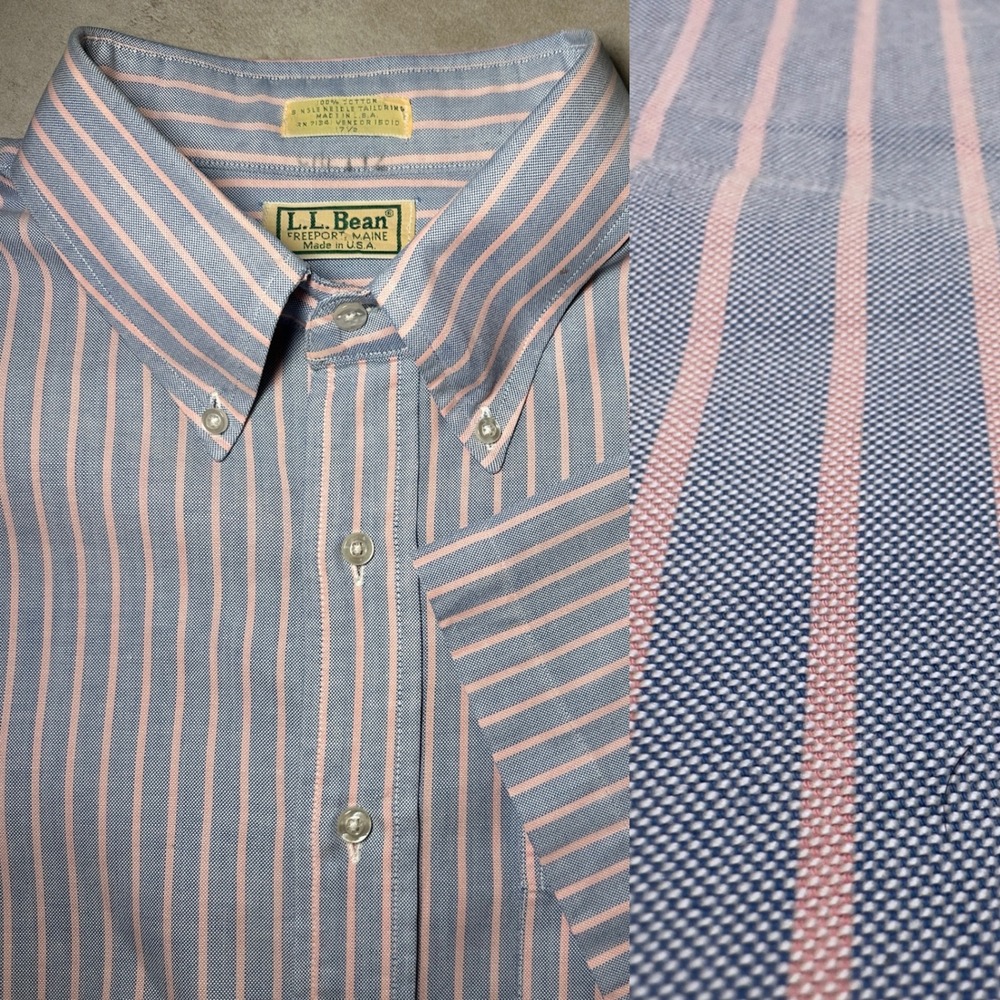 VTG LL Bean Shirt Mens 17.5 Blue Pink Pastel Stripe Button‎ Oxford Ivy Prep USA